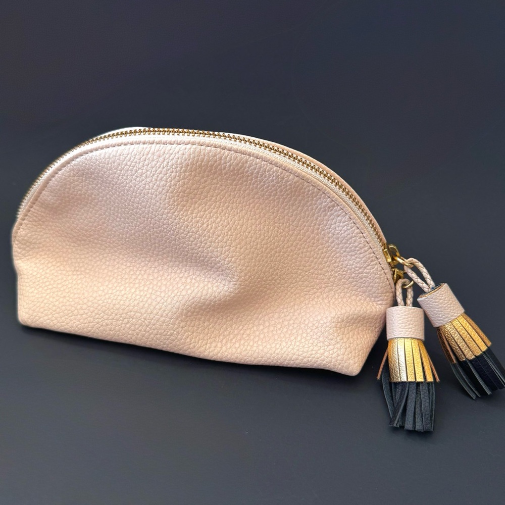 Anthropologie Dome Cosmetic Pouch Blush Pink Pebbled Vegan Leather Large Tassels - Picture 3 of 11